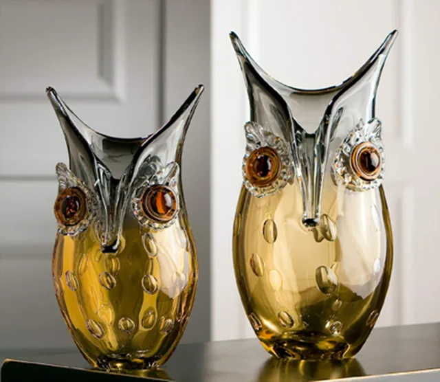 gilde-glas-art-vase-en-verre-27-cm-hibou-marron-gris image 1