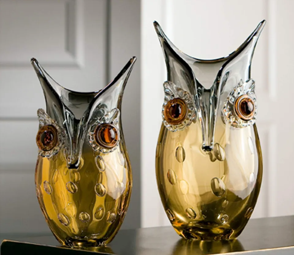 gilde-glas-art-vase-en-verre-27-cm-hibou-marron-gris image 1